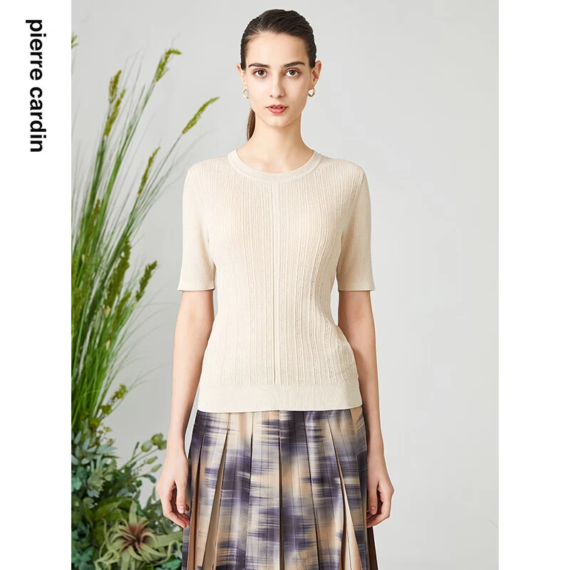 皮尔卡丹女春季浅米色短袖针织衫时尚内搭【专柜正品】