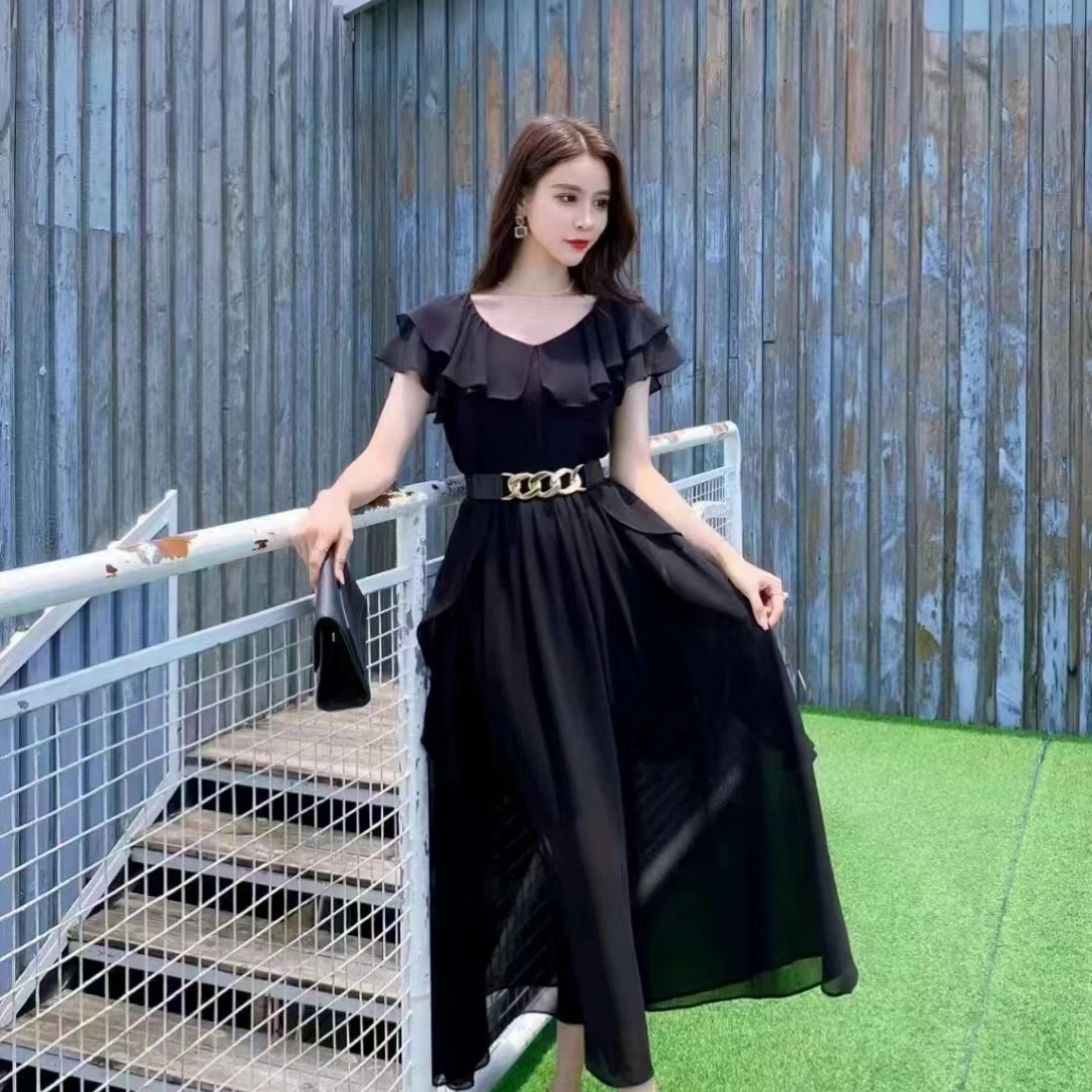 夏季雪纺新款气质连衣裙收腰显瘦甜美荷叶边飘逸大摆裙