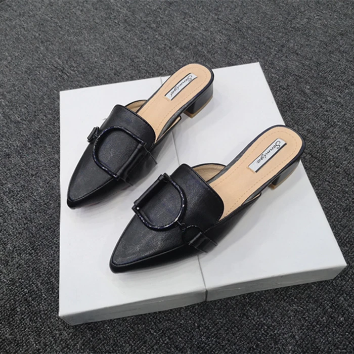 粗跟尖头拖鞋女2025秋季新款韩版包头半拖凉鞋女低跟外穿气质女潮