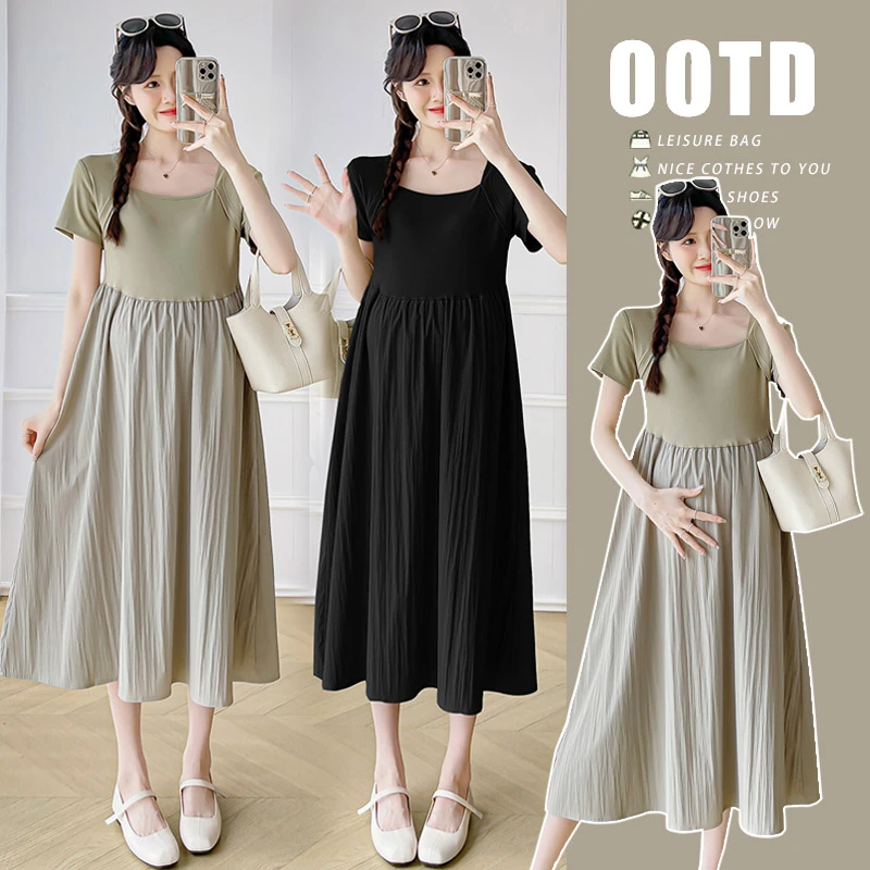 孕妇装连衣裙夏装2024新款拼接中长款宽松大码洋气假两件雪纺裙子