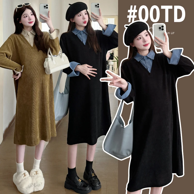 春秋气质网红显白孕妇拼接假两件时尚宽松遮肚显瘦大码百搭连衣裙