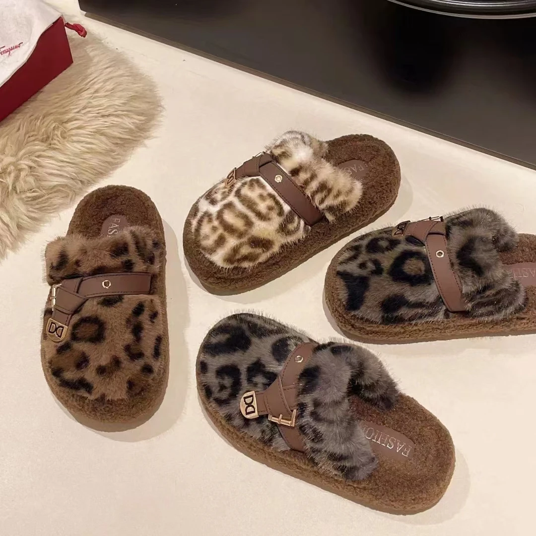 2024年耐磨豹纹时尚外出穿保暖颜值成熟时髦厚底包头毛毛拖鞋
