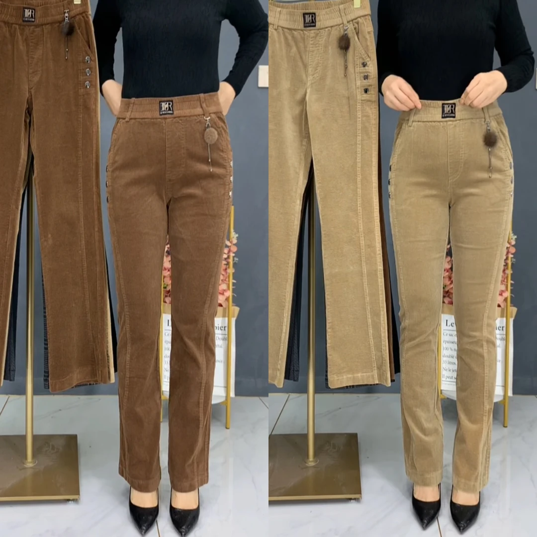 2025春秋新款条绒喇叭裤气质百搭显瘦松紧腰休闲微喇裤大码长裤