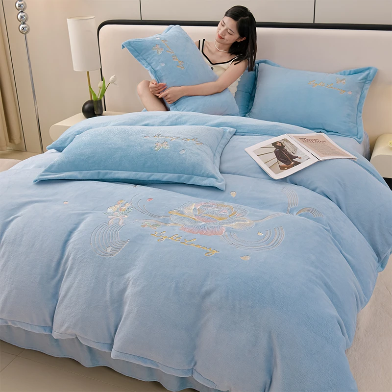【蝶恋花天蓝】牛奶绒四件套珊瑚绒秋冬季加绒高端双面绒2024新款