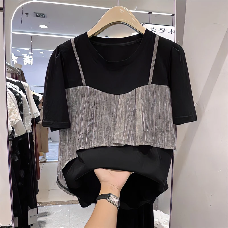 欧货胖mm不规则气质拼接短袖t恤女夏设计感小众大码遮肚显瘦上衣