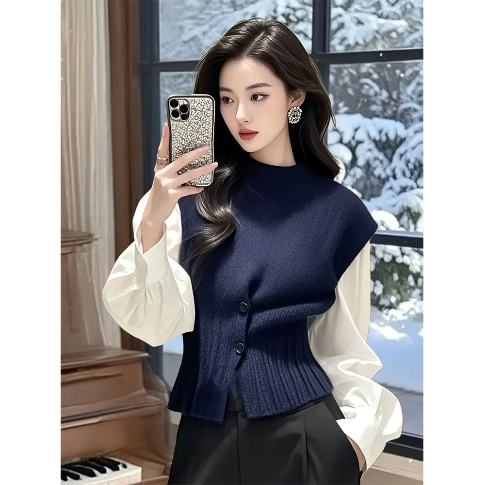 冬季搭配一整套装女大码胖mm针织马甲衬衫小香风气质减龄叠穿上衣