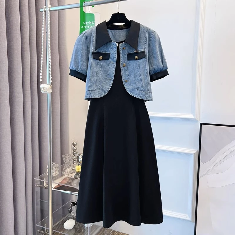 大码女装夏季新款时尚牛仔套装女胖mm洋气显瘦短外套连衣裙两件套