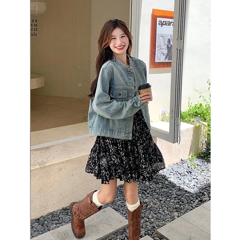 秋装搭配一整套大码胖mm牛仔外套碎花连衣裙子盐系轻熟漂亮套装女