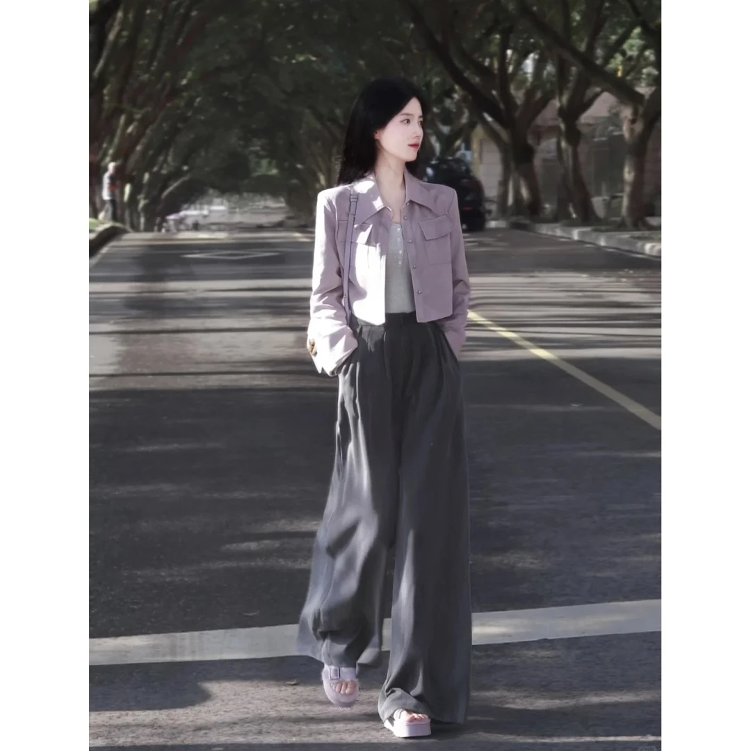 2024入秋新款茶系一整套紫色开衫上衣女洋气百搭显瘦灰色阔腿裤女
