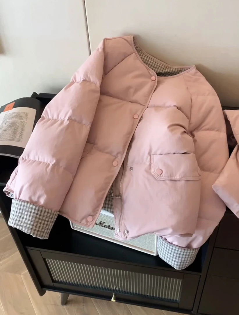 甜美粉色棉服女冬季韩系围巾保暖棉袄面包服外套格子拼接棉衣圆领