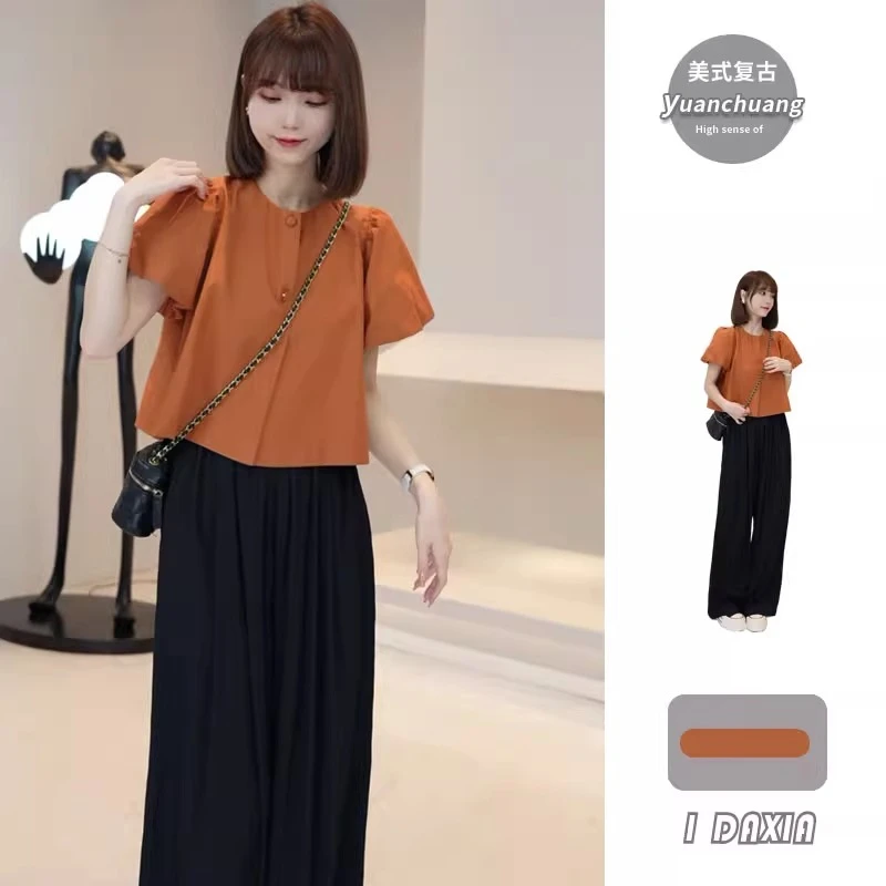 夏日多巴胺穿搭法式泡泡袖衬衫女短袖上衣新款港风雪纺短款衬衣女