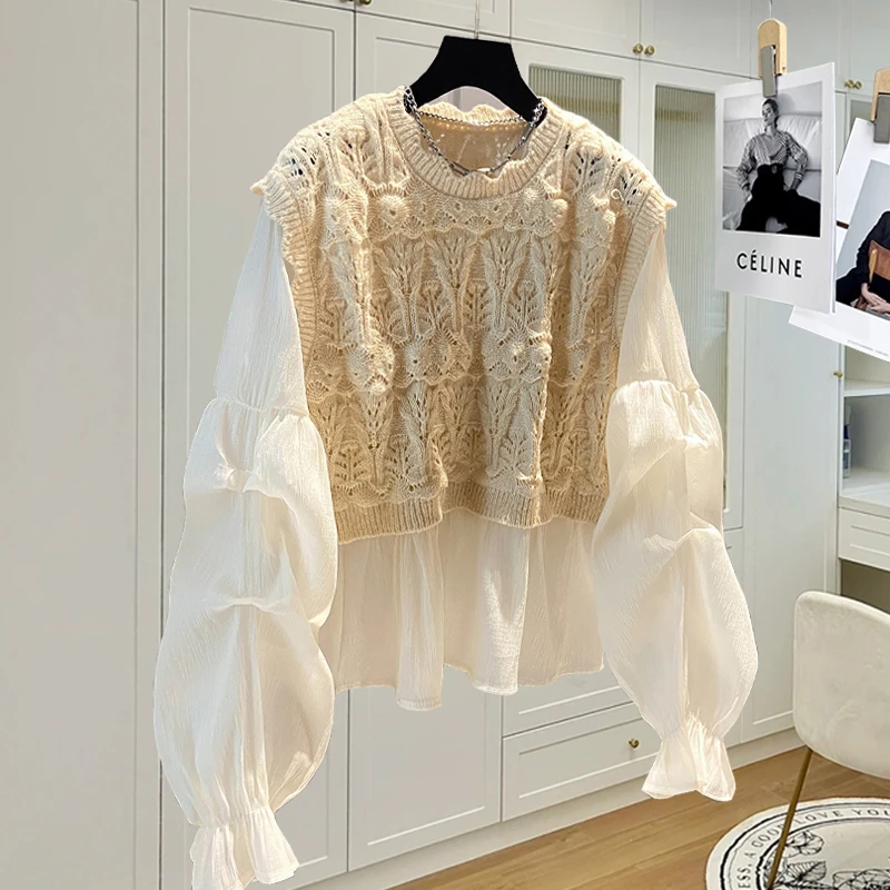 设计感小众针织拼接假两件衬衫女装秋季韩版宽松大码喇叭长袖上衣