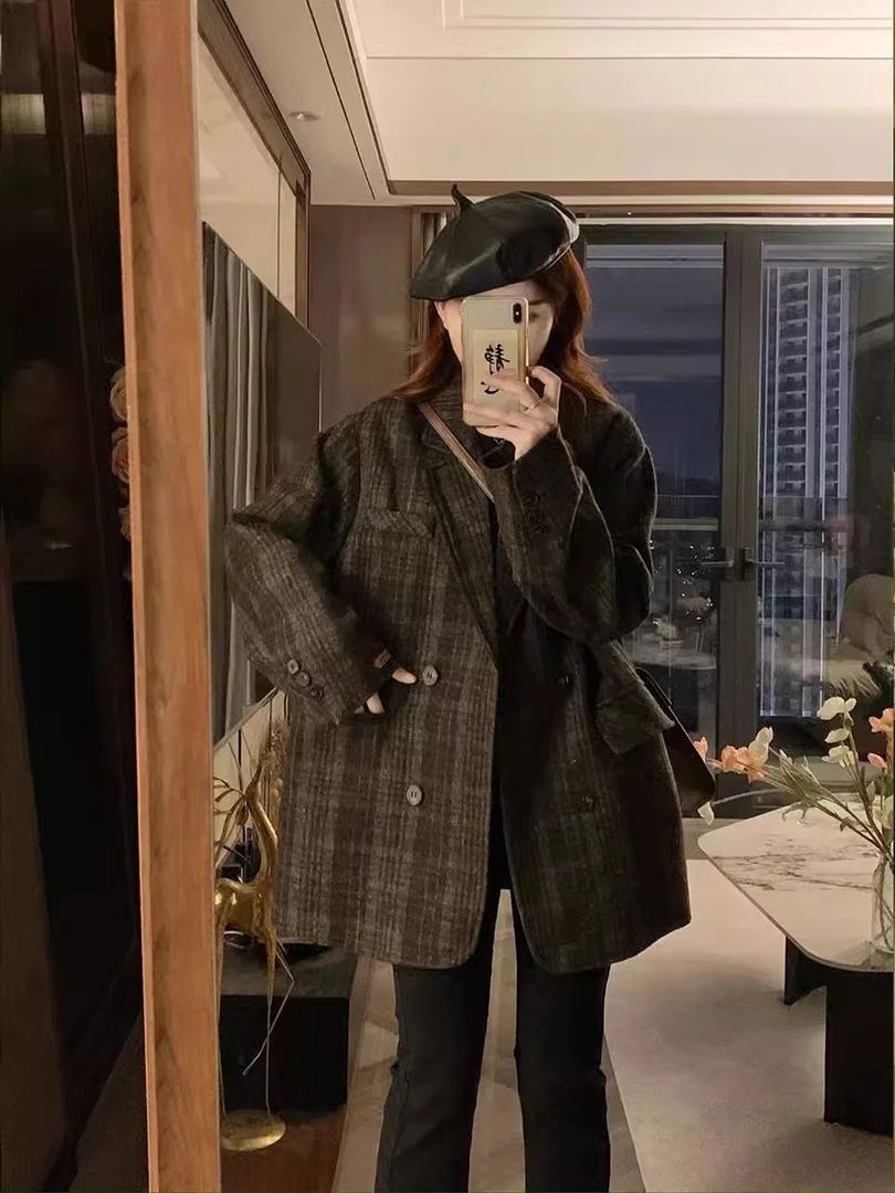 格子西装领毛呢外套女秋季大码胖mm宽松韩系高级复古呢子大衣