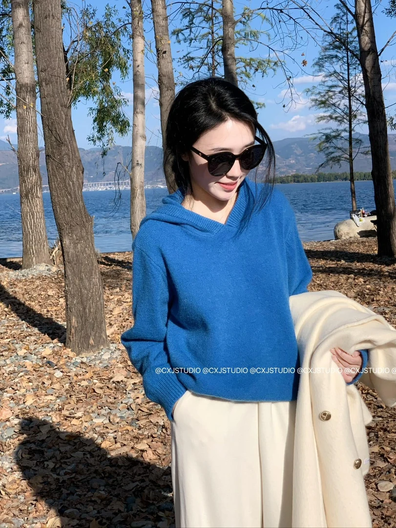 2025秋冬新款温柔风克莱因蓝连帽针织上衣搭配休闲裤显瘦两件套女