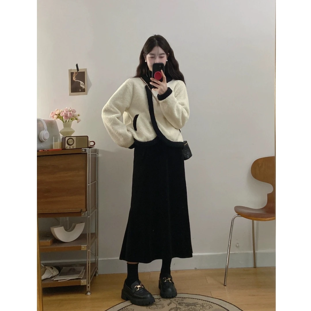 2024冬装搭配一整套女小香风羊羔毛外套半身裙时尚减龄套装裙女潮