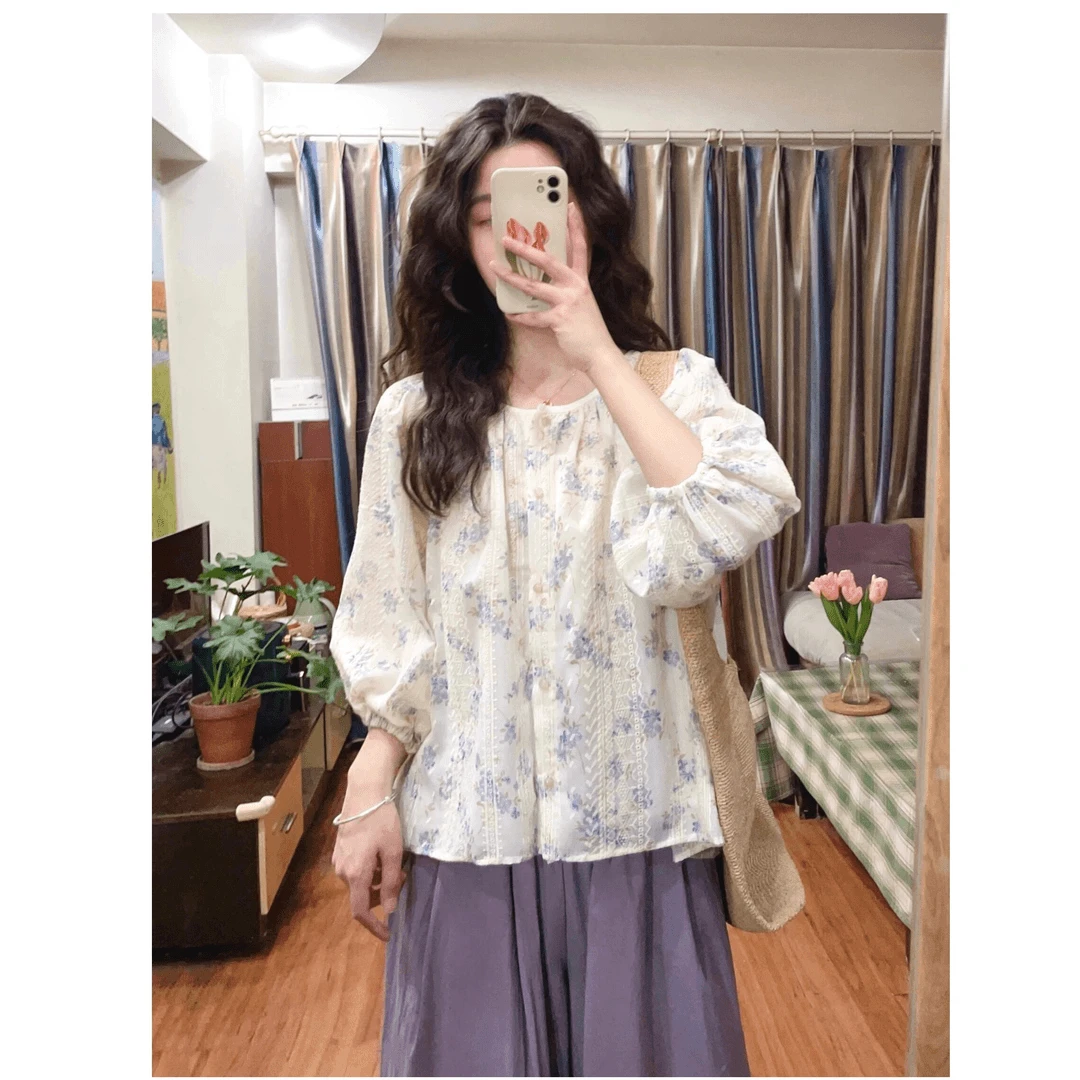 2024夏季新款雪纺圆领碎花泡泡袖娃娃衫上衣女显瘦阔腿裤气质套装