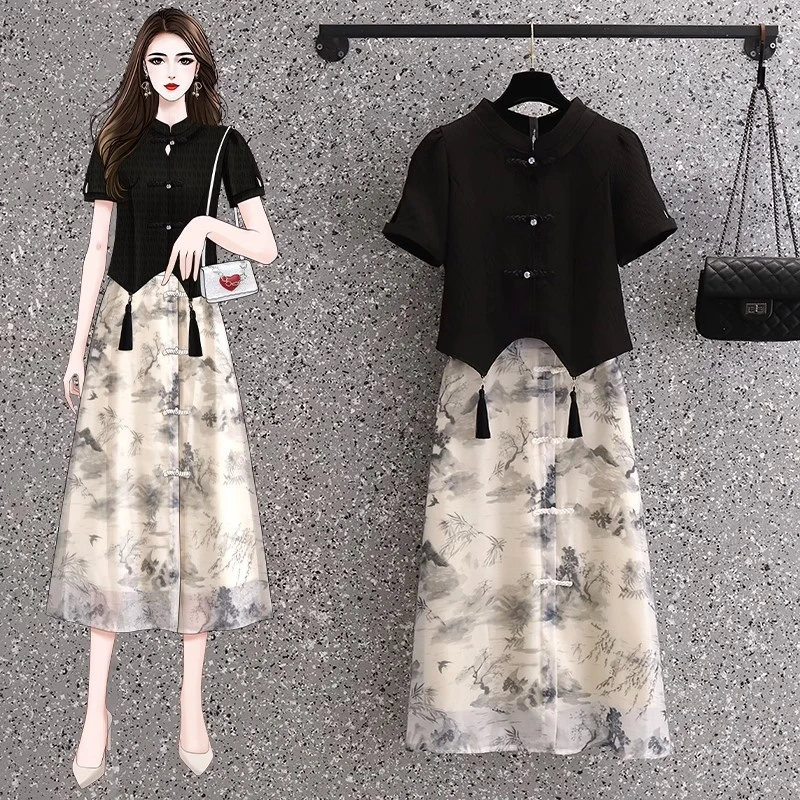 微胖女生穿搭大码女装夏季新款改良水墨印花修身显瘦旗袍裙子女潮