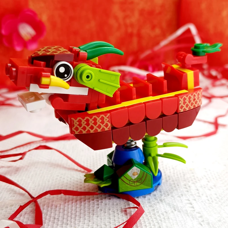 方橙摇摇乐系列龙舟积木小颗粒拼装玩具拼图模型龙年礼物桌面摆件