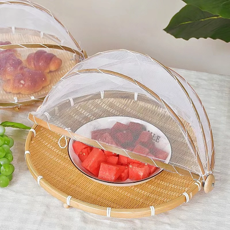 竹篮纱网果篮带网圆形竹编防虫罩晾晒盘竹篮农家簸箕厨房储物炉罩