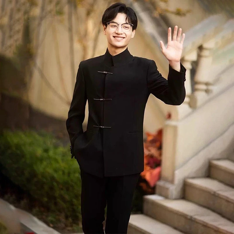 2025新郎结婚礼服男士修身婚礼西装黑色立领高级西服套装秋冬新款