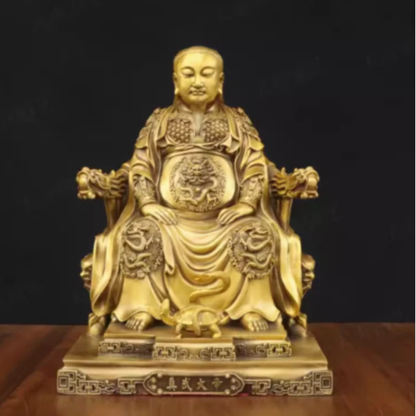 黄铜真武大帝玄天上帝祖师爷铜像摆件带背光坐龙椅玄武大帝铜像