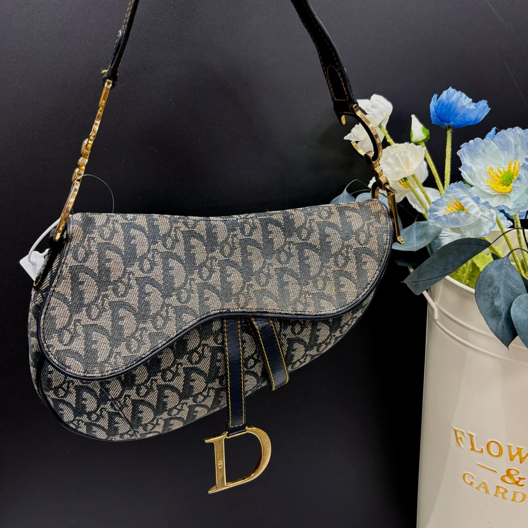 95新 DIOR/迪奥 XM/丹宁老花蓝金大Dlogo马鞍腋下包/SD09322059