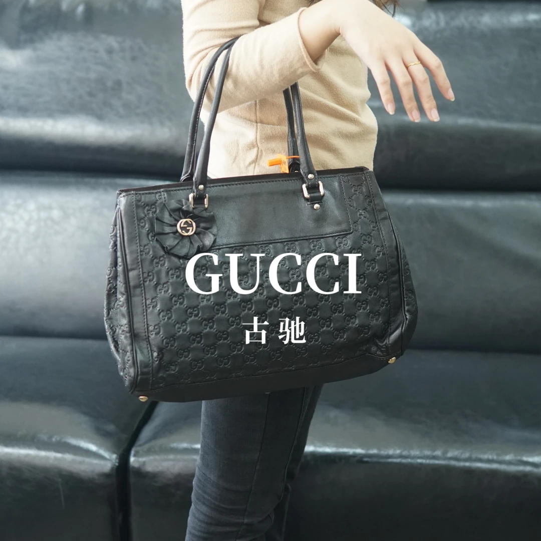 95新 GUCCI/古驰 黑色压纹单肩包/F3TC07428035/8035