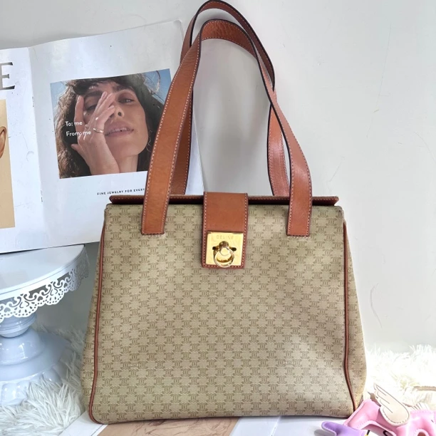 95新 Celine/思琳 XM/蜜橙棕 绿米花满印公文腋下包/SC09729051