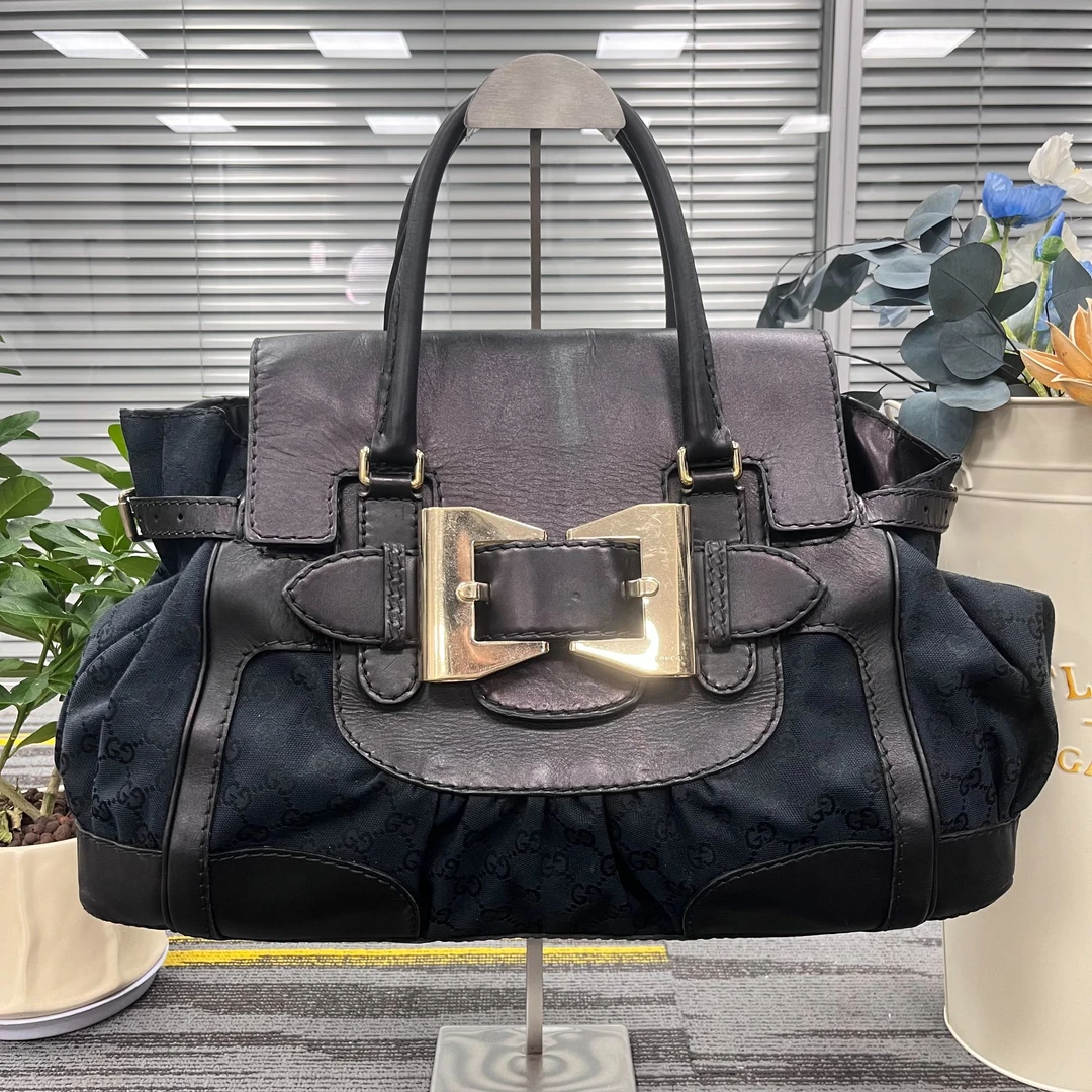 95新 GUCCI/古驰 XM/黑色经典暗印满印log手提包灰色/WP08519050
