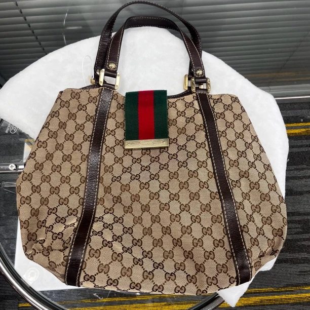 95新 GUCCI/古驰 XM/满印老花拼皮红绿编织带托特单肩/SP10614507
