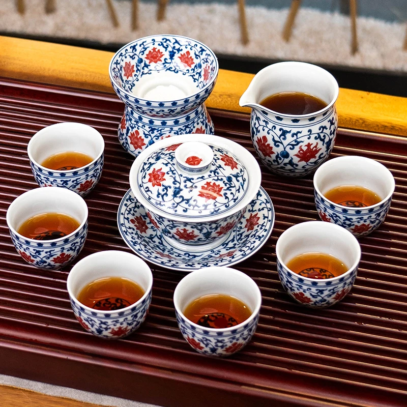 翙元春釉里红缠莲枝三才盖碗套装茶具家用泡茶青花仿古景德镇陶瓷