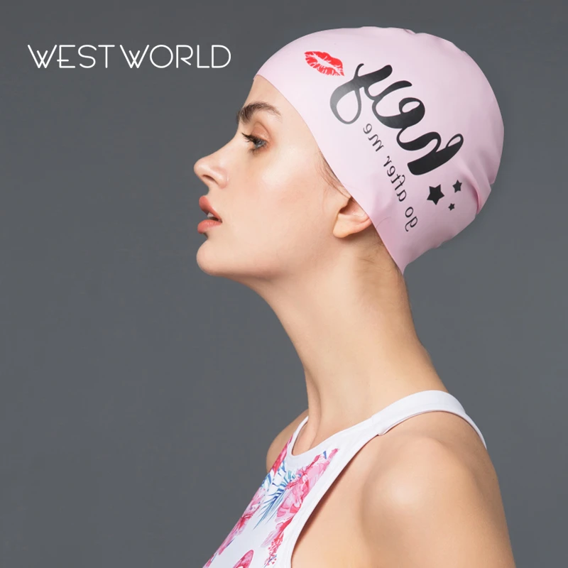 west world 高端游泳帽女大号粉色防水不勒头硅胶弹力长发护耳