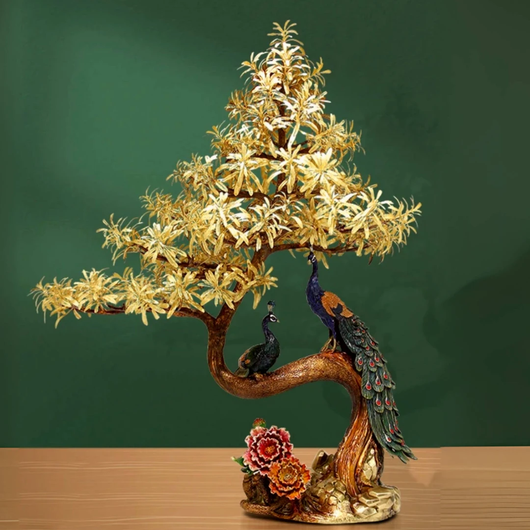孔雀罗汉松摆件中式黄铜迎客松办公室酒店客厅家居玄关柜装饰品