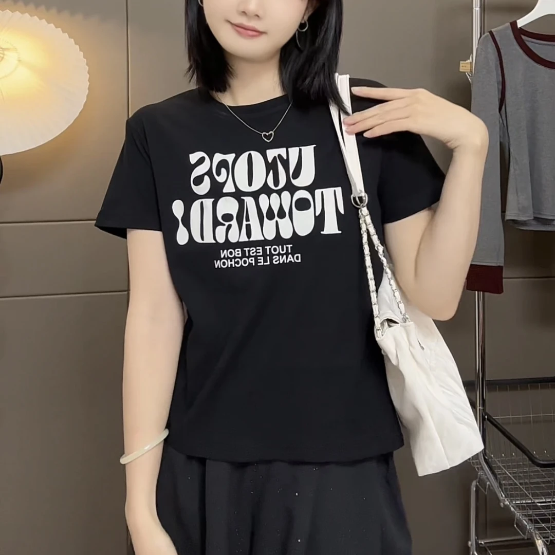 字母印花正肩短袖上衣夏季时尚百搭修身显瘦休闲卡通圆领T恤
