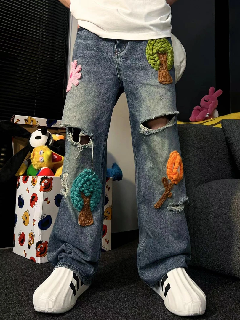 FR【立体钩花】贴花绣宽松破洞休闲男女情侣休闲长裤牛仔裤