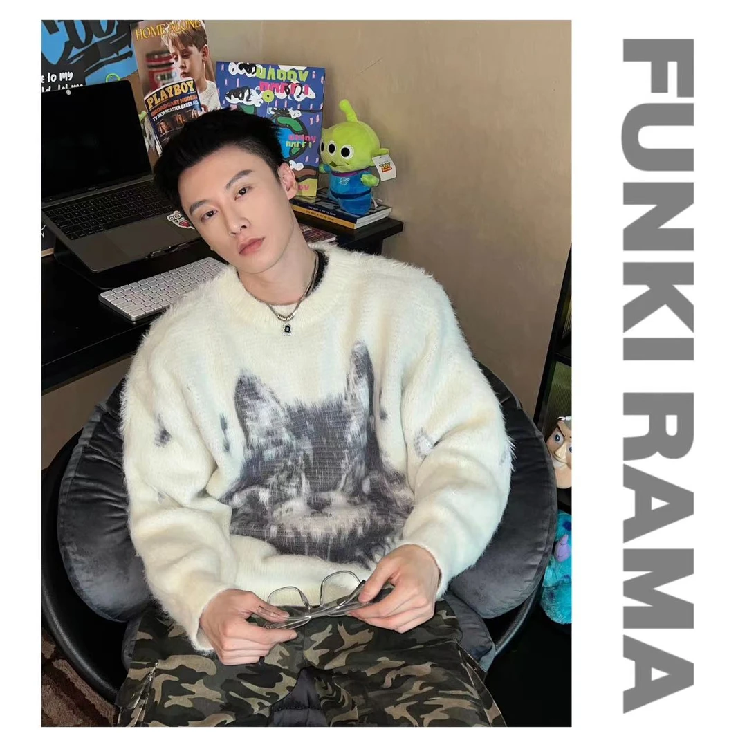 FUNKIRAMA-猫咪图案提花长毛刷毛针织毛衣情侣装套头秋冬季