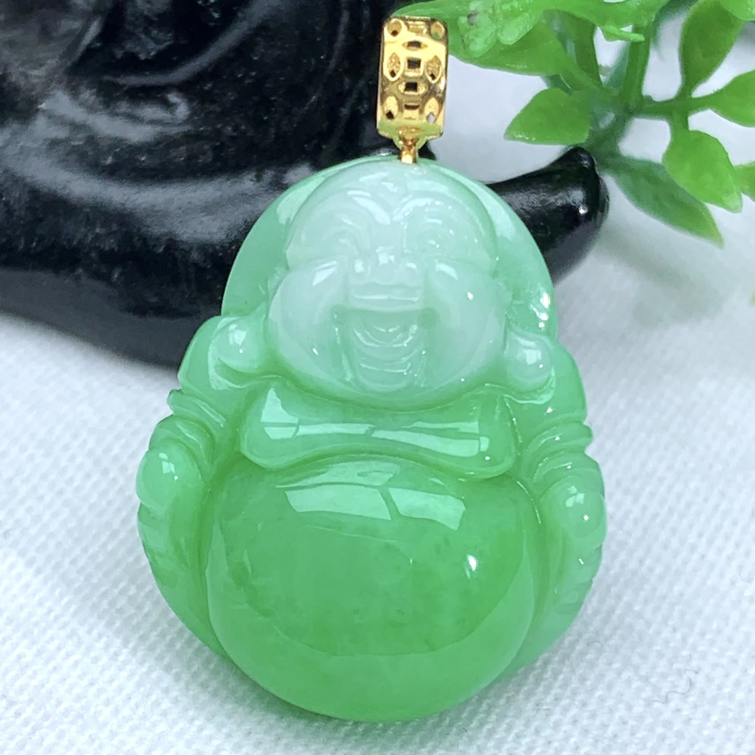 天然缅甸翡翠A货冰润满绿玉佛公吊坠挂件含扣28.2-18.9-7.2mm