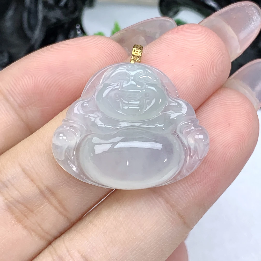 天然缅甸翡翠A货冰种玉佛公吊坠挂件含扣头