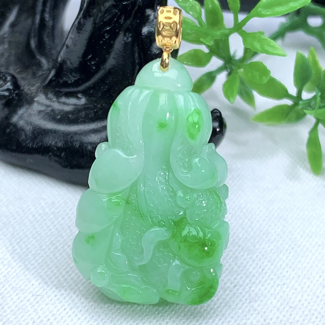天然缅甸翡翠A货满绿白菜百事来财吊坠挂件含扣头