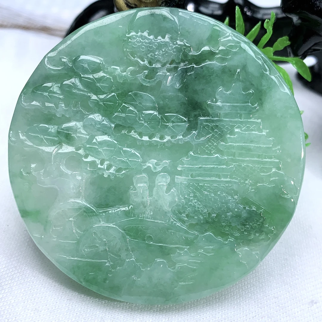 天然缅甸翡翠A货冰润飘花山水吊坠挂件玉牌