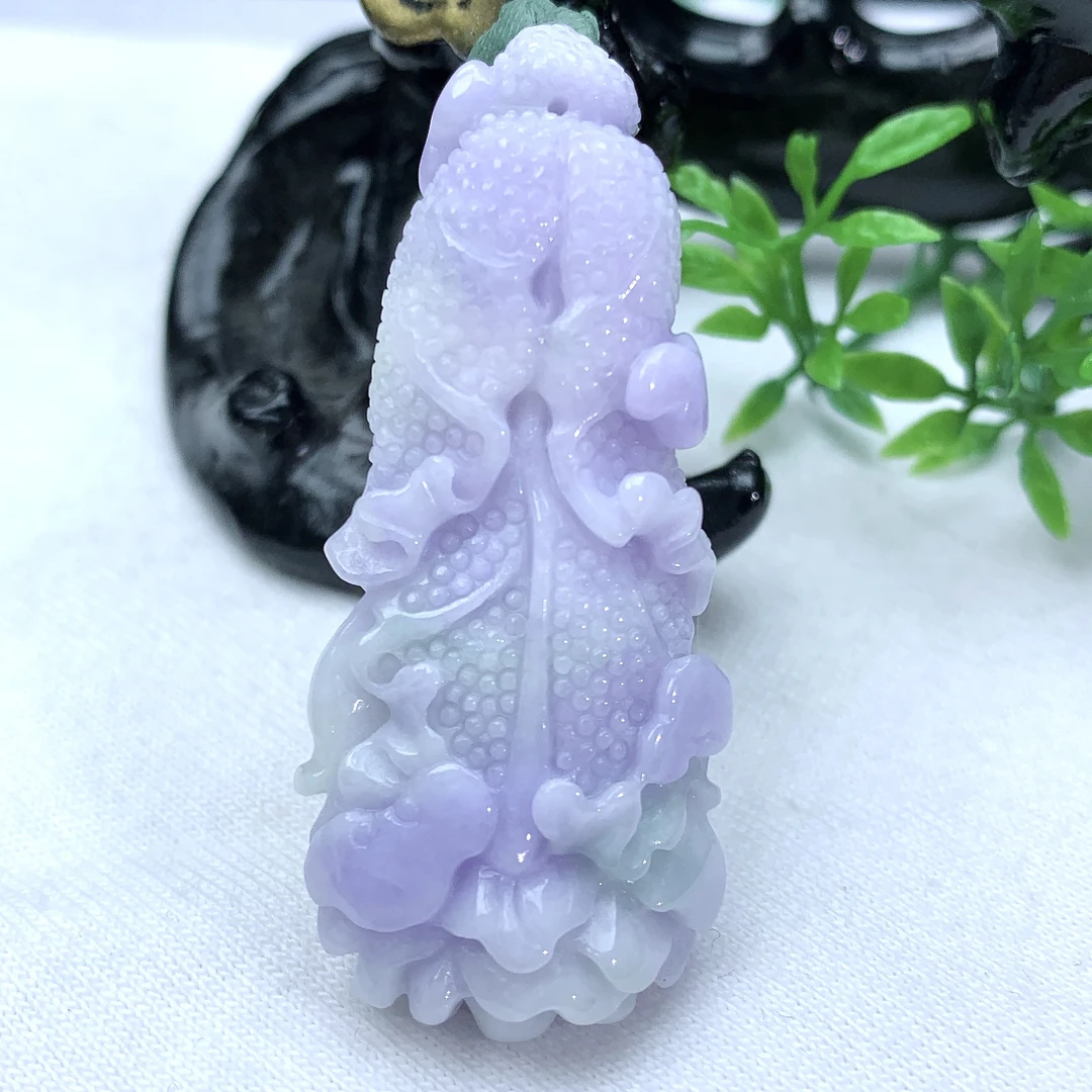 天然缅甸翡翠A货紫罗兰白菜百事来财吊坠挂件50.2−21.3−10.8mm