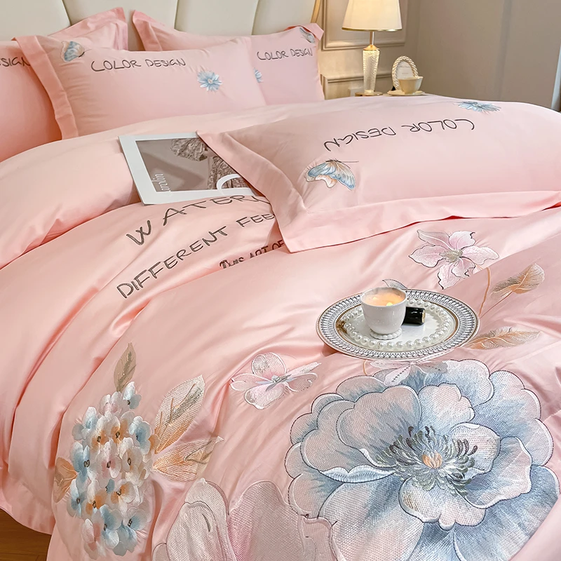 水星家纺适用双面纯棉四件套高端长绒棉床品全棉床单刺绣被套被罩