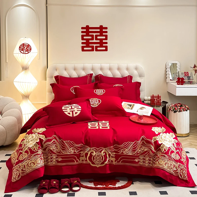 水星新家纺高档中式结婚四件套亲肤全棉婚庆婚房被套床单床上用品