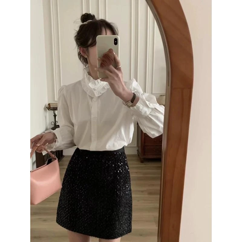 美美推荐66062 秋冬新款韩版宽松小立领显瘦珍珠扣衬衣开衫