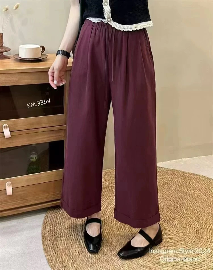 6662纯色松紧腰休闲裤女宽松显瘦百搭直筒阔腿长裤子