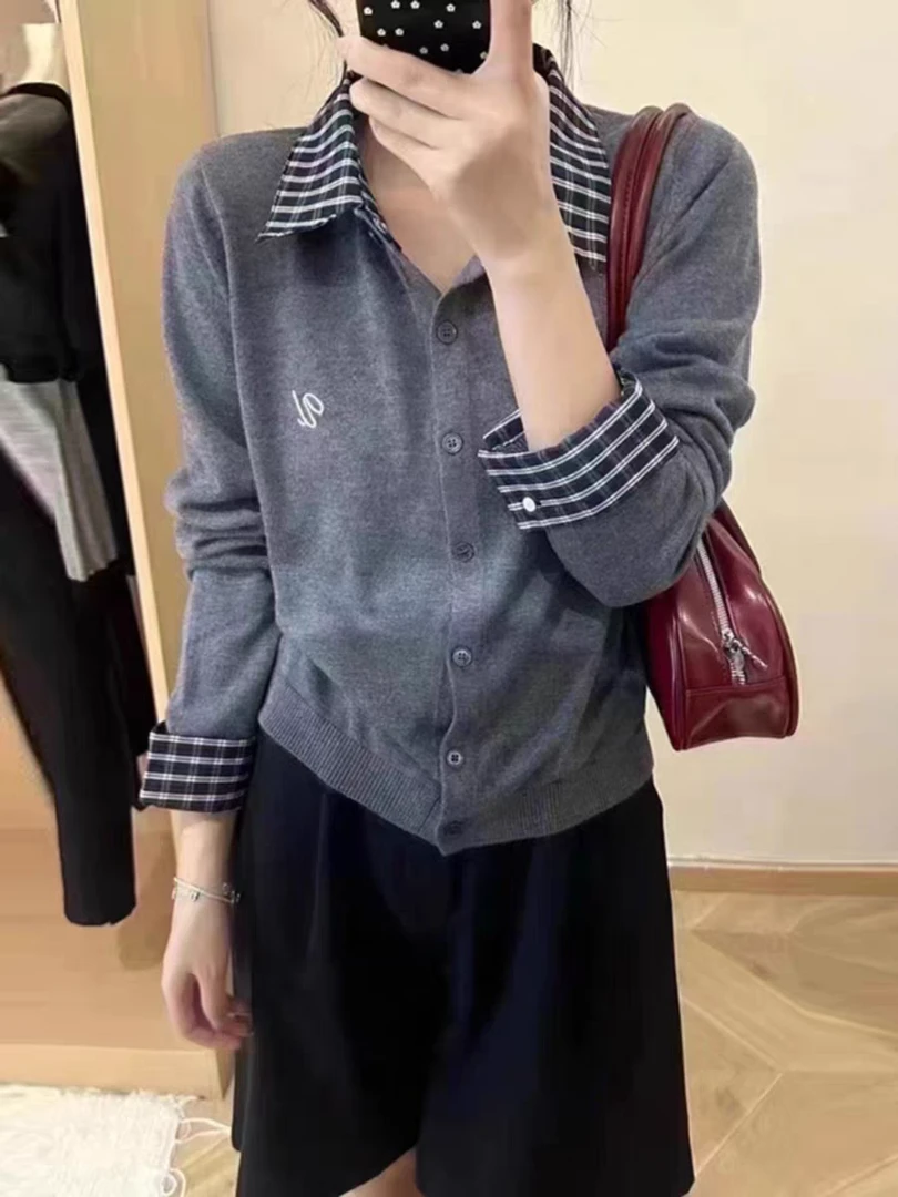 （大爷家）0055 格子翻领复古假两件针织拼接开衫女