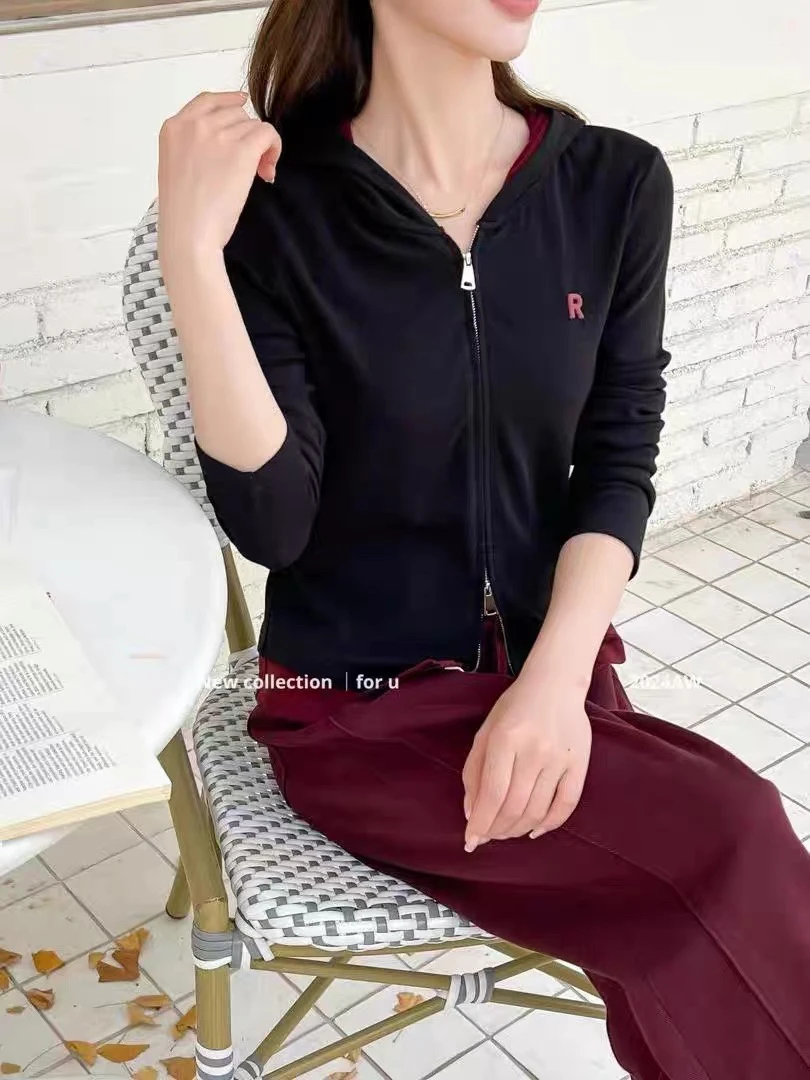 24093双拉链连帽长袖t恤女2024秋季新款宽松显瘦百搭打底上衣