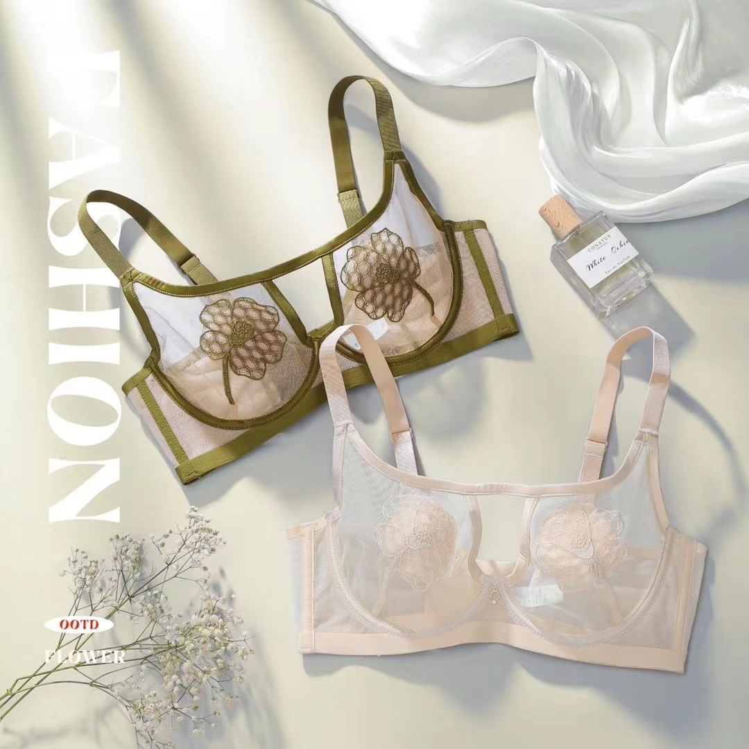 新品小胸爆款法式轻薄网纱刺绣蕾丝无痕内衣大胸BC杯舒适无缝侧收