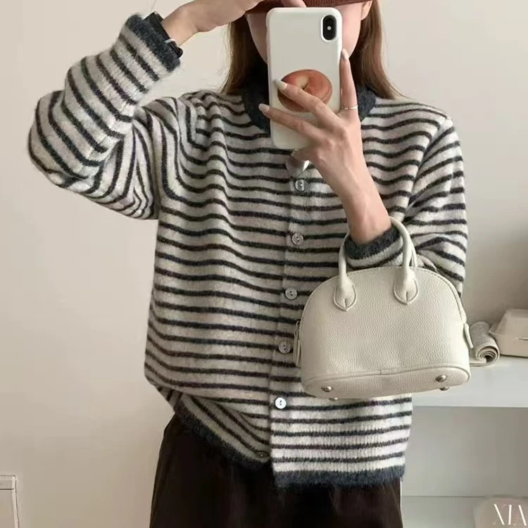 【天丝羊毛混纺条纹】灰色复古撞色条纹天丝羊毛混纺高级感针织开衫