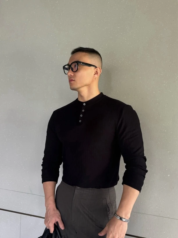 【Fede Archivi】360g英式复古粗罗纹简约立领弹力修身打底亨利衫